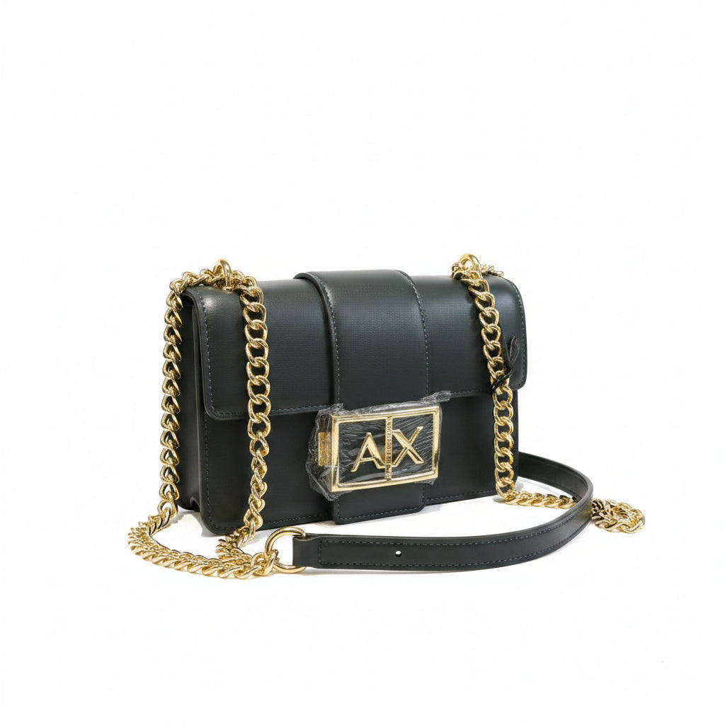 Bolsa Armani Exchange Verde Oscuro con Cadena Dorada